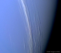 First image showing clouds in Neptunes atmosphere taken by Voyager  in  