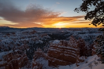 First sunlight on fresh snow at Bryce Canyon National Park Utah 