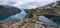 First time in Norway hiking Besseggen ridge The lake on the right is m above the lake on the left 