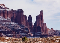 Fisher Towers with some fresh snow north of Moab Utah 