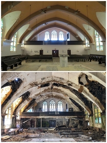 Five years worth of decay from vandalism and the resulting roofwater damage at an abandoned church in St Louis Missouri