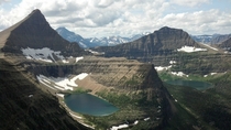Flinsch Peak L and Mount Morgan R overlooking Young Man Lake L and Oldman Lake R in Glacier National Park Montana 