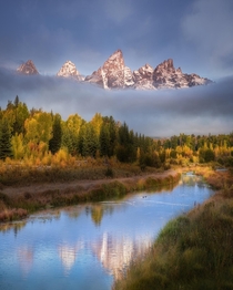 Foggy autumn morning in the Teton Valley WY USA 
