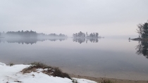 Foggy day hike with a clear lake Midwest United States OC x
