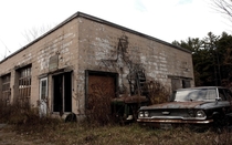 Former garage with forlorn Oliver tractor and  Ford Galaxie Hoosick NY 