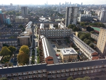 From council estates to skyscrapers - looking west from Balfron Tower in Poplar London 