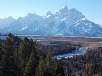Frosty view of Snake River Overlook in Grand Teton NP 