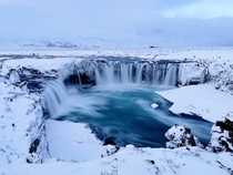 Frozen winter land at Goafoss Iceland 