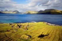 Grass roofed houses on Koltur Faroe Islands 