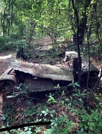 Graveyard of abandoned cars off a hiking trail in the woods Tallahasseeno roads no parking lots no explanation