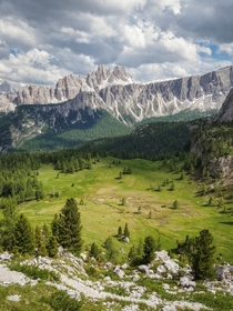 Great view of the mountain chain Croda da Lago central Dolomites Italy 