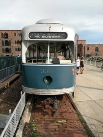 Green Line trolley car from Boston on the waterfront of Brooklyns Red Hook