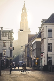 Groningen city on a beautiful morning in golden fog