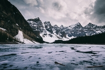 Half Frozen Moraine Lake in Alberta Canada 
