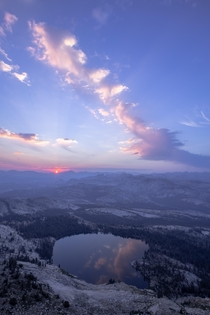 Hazy sunrise over May Lake Yosemite National Park 