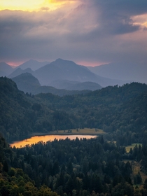Hazy sunset over the Schwansee Germany 