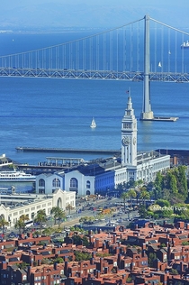 High Angle View Of Ferry Building With Bay Bridge In Background San Francisco By Mitchell Funk wwwmitchellfunkcom