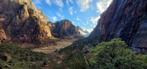 Hiked Angels landing and it was cloudy the hike back down was incredible Zion National Park is just beautiful 