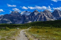 Hiking through The Valley of The Ten Peaks Banff NP Canada 
