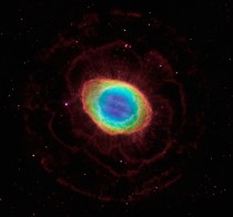 Huge image of the Ring Nebula that combines new Hubble Wide Field Camera  data with observations of the nebulas outer halo from the Large Binocular Telescope 