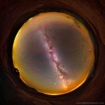 I created this  megapixel all-sky view of the Milky Way with airglow from Craters of the Moon National Park by combining over  images