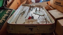 I found an old aluminum built table hockey game in a hidden attic of an abandoned house OC   