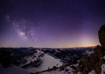 I got a ride with a groomer to the top of Ward Peak above Alpine Meadows north of Lake Tahoe CA last night Nothing but awesome Milky Way and moonlit peaks This shot is looking South-West towards Desolation Wilderness 