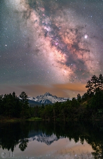 I stacked  images of the Milky Way rising over Mt Sneffels in Colorado to reduce noise and bring out more detail in our Galaxy 