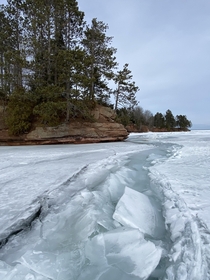 Ice breaking up along the shoreline of the Apostle Islands National Lakeshore on Lake Superior 