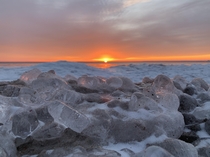 Ice gathers in winter on Lake Superior Michigan