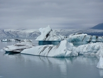 Iceland glacier and icebergs with black stripes from volcano eruptions 