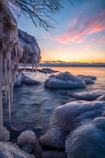 Icy Sunrise from the Shores of Lake Michigan in Milwaukee WI 