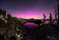 Incredible pink aurora over Crater Lake OR with bonus International Space Space Station contrail 