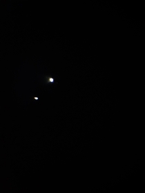 Jupiter and Saturn conjunction Very amateur sorry I had to hurry and try to get a pic before they went behind a tree Still it was really cool to see them both in the lens at once