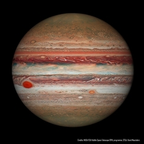 Jupiter is home to one of the largest and longest lasting storm systems named the great red spotGRS The GRS has been shrinking CreditNASA ESAHubbleOPAL Program STScIKarol Masztalerz