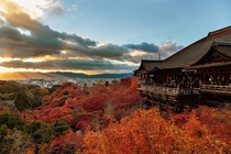 Kiyomizu-dera temple autumn sunset in Japan 