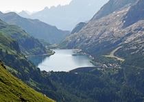 Lake and Dam Fedaia Pass Dolomites Italy 