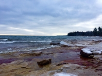 Lake Superior beach of sandstone in the Keweenaw Peninsula of Northern Michigan 