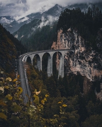 Landwasser Viaduct on the famous Bernina pass train route in Graubnden Switzerland