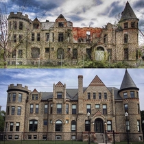 Late th century Richardsonian Romanesque style James Scott Mansion converted into apartments after  when the original owner died then abandoned in the s and left to rot for decades before being bought in  Recently restored and reopened as apartments in Mi