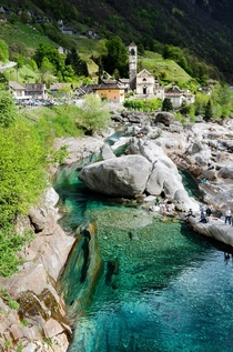 Lavertezzo village and the turquoise Verzasca River - Ticino Switzerland 