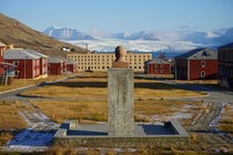 Lenin bust overlooking Pyramiden a Soviet Ghost town at  Degrees North