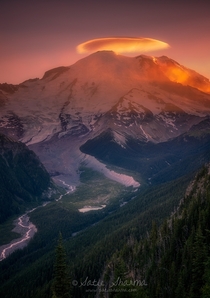 Lenticular cloud at sunset in Mt Rainier National Park Washington 