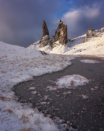 Light breaking through after a snow storm Old man of Storr Scotland 