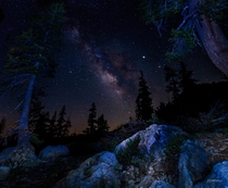 Light painting outside outside my tent while photographing the Milky Way on the shore of Walling Lake Kaiser Wilderness in the Sierra Nevada range July  OC 