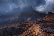 Lightning striking the Dolomiten Alps Italy by Franz Schumacher 