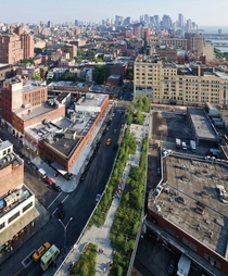 Looking along the High Line to Lower Manhattan
