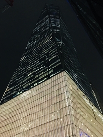 Looking up at the Freedom Tower on a cold January night in Manhattans financial district