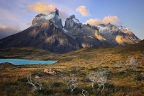Los Cuernos at sunset in Torres del Paine national park in windy Patagonia 