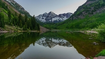 Maroon Bells and Maroon Lake in Colorado just after sunset 